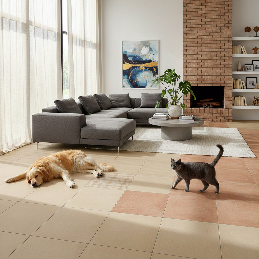 Intérieur moderne avec carrelage résistant adapté aux chiens et chats