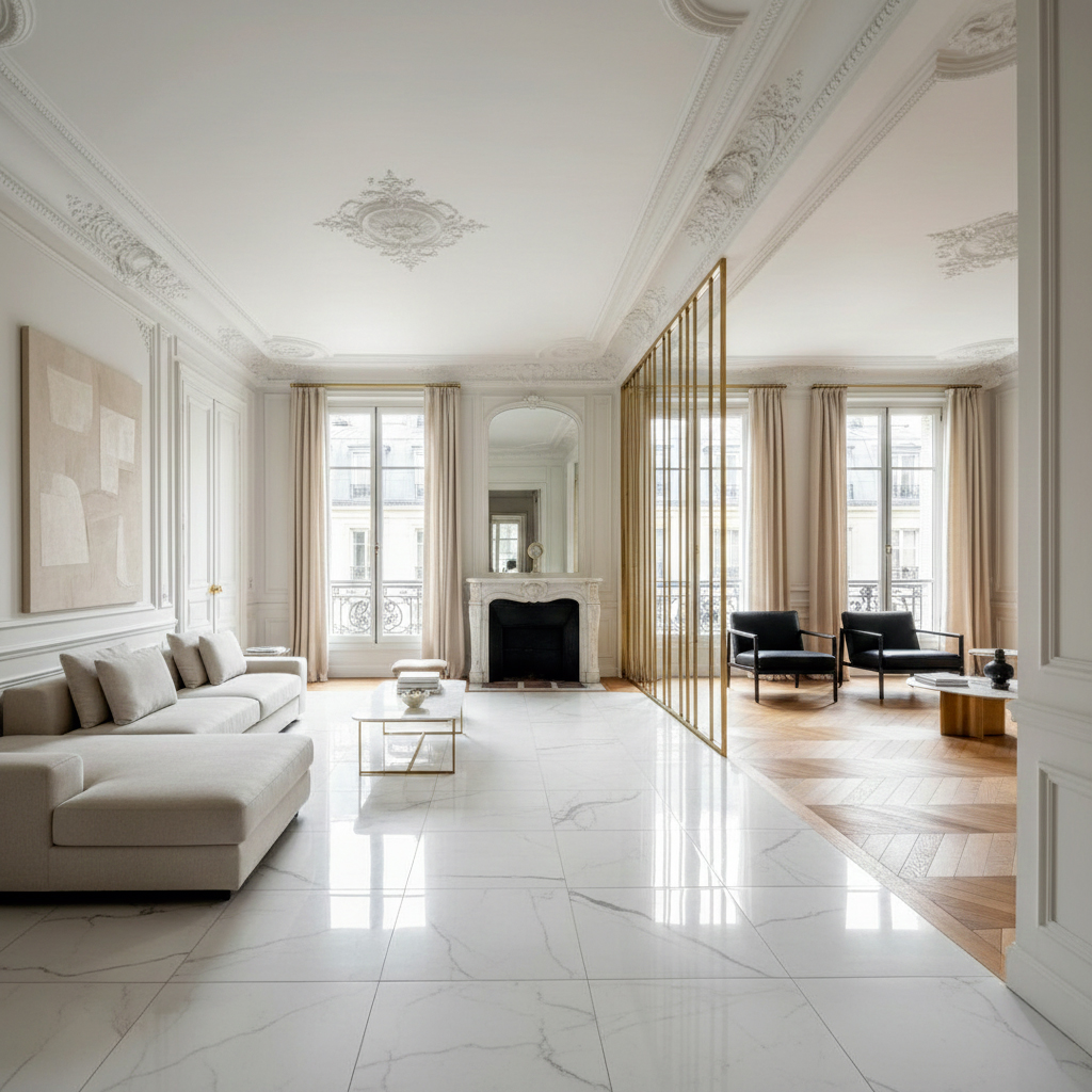 Carrelage haut de gamme appartement haussmannien salon parquet moulures élégance