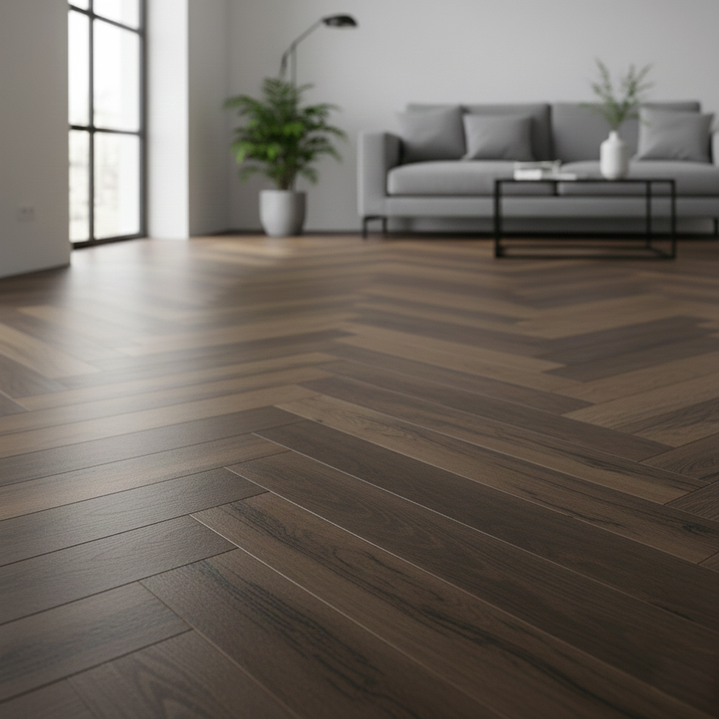 Salon moderne avec carrelage posé en chevrons à bâtons rompus