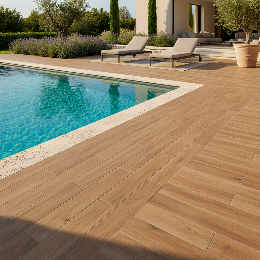 Tour de piscine avec carrelage imitation bois teck et margelles en pierre