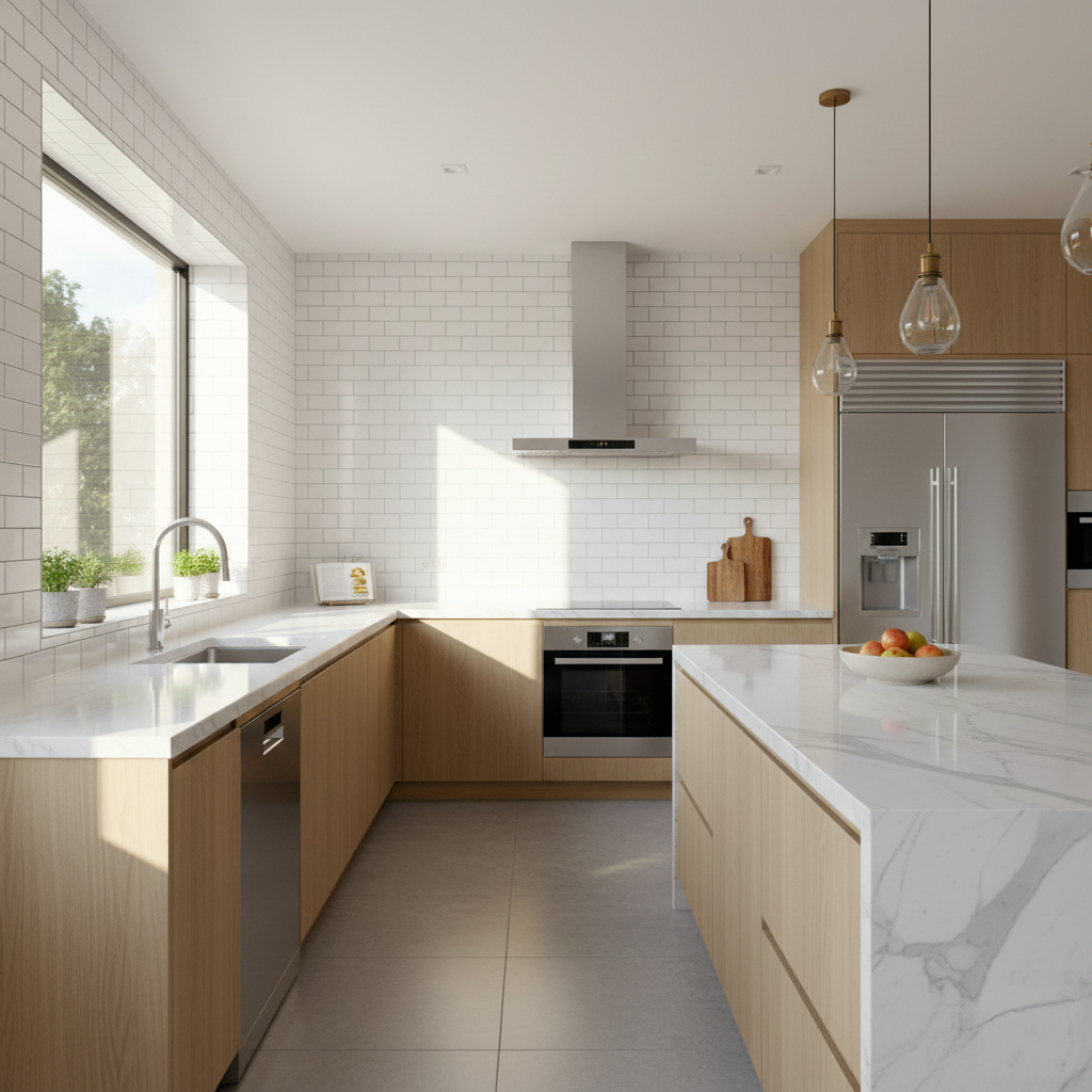 Carrelage cuisine - Design intemporel Cuisine moderne avec carrelage mural blanc et crédence élégante