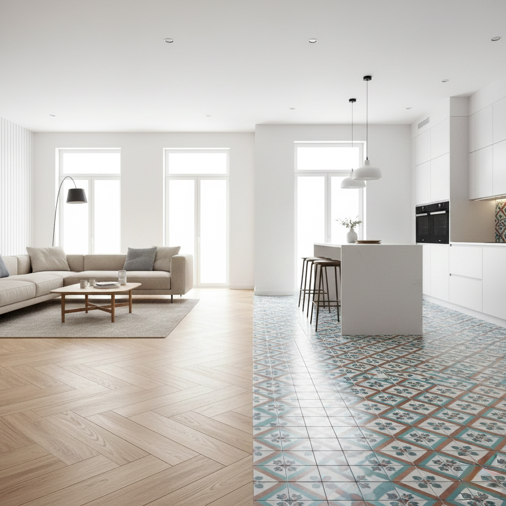 Séparation visuelle cuisine-salon Délimitation cuisine salon avec carrelage ciment et effet bois