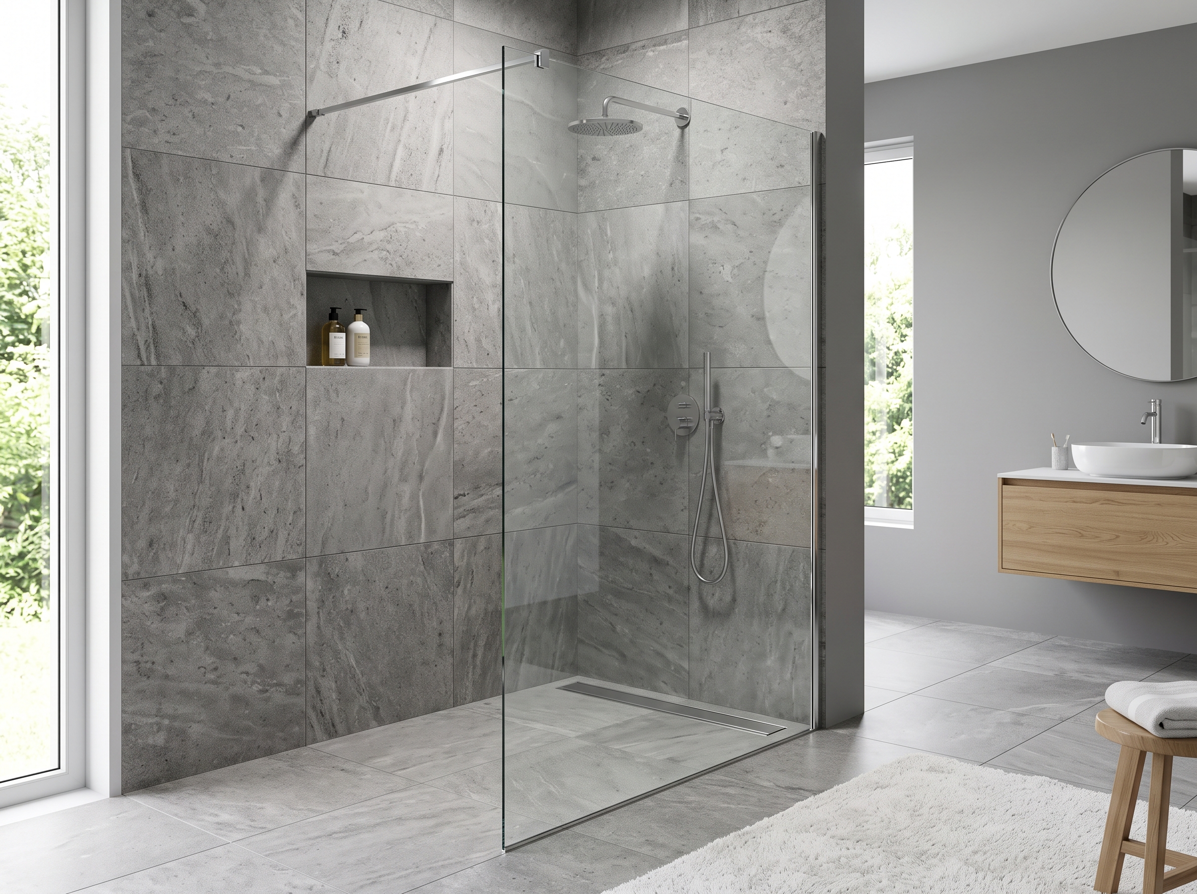 Carrelage douche italienne grand format pente évacuation centrale sol salle de bain moderne