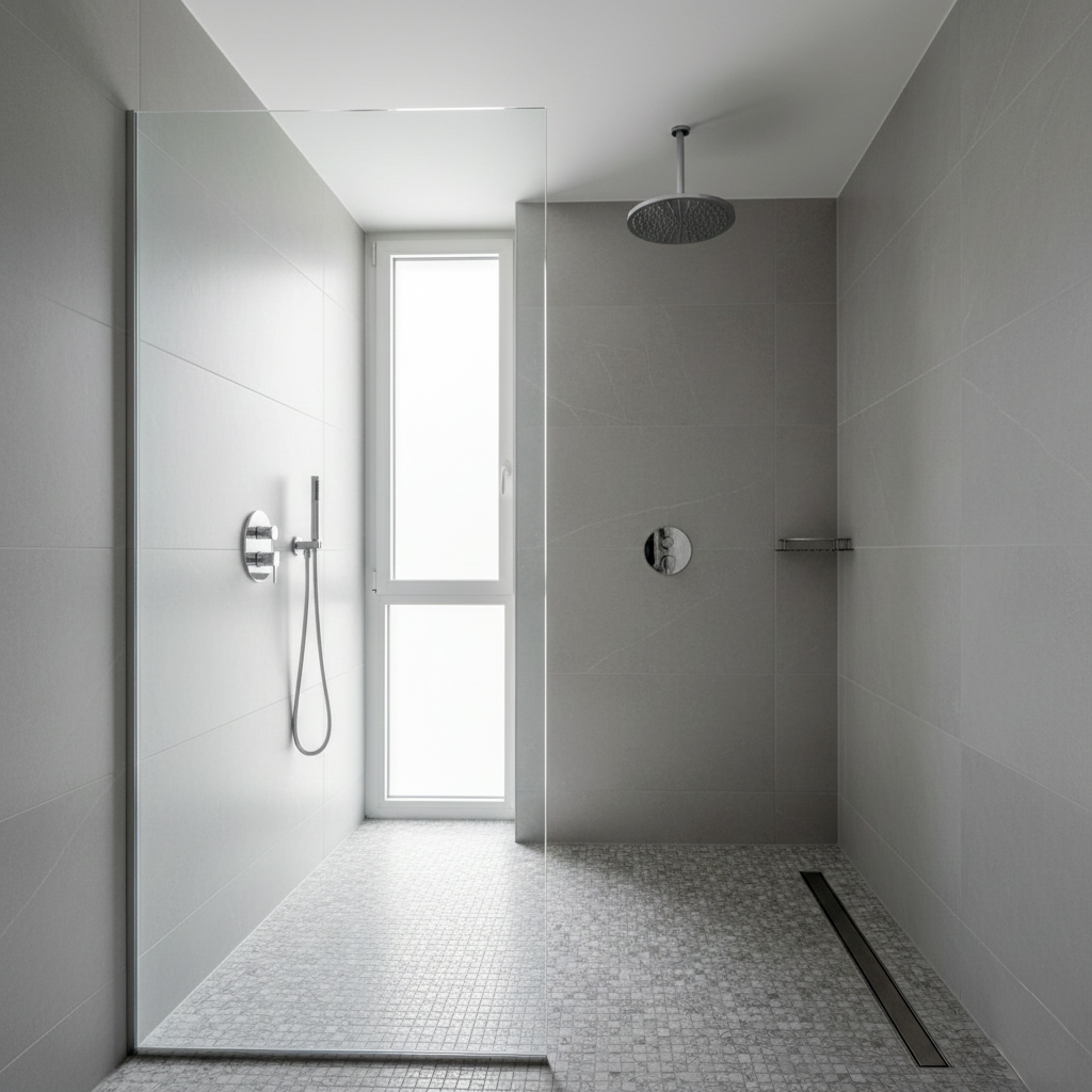 Douche italienne moderne avec carrelage mosaïque antidérapant et receveur extra-plat