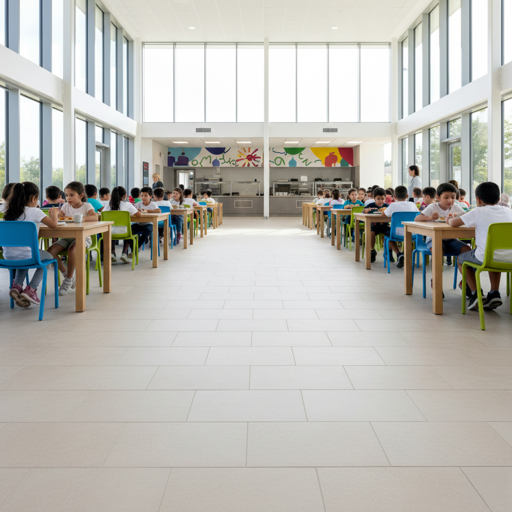 Cantine scolaire moderne avec carrelage résistant et hygiénique