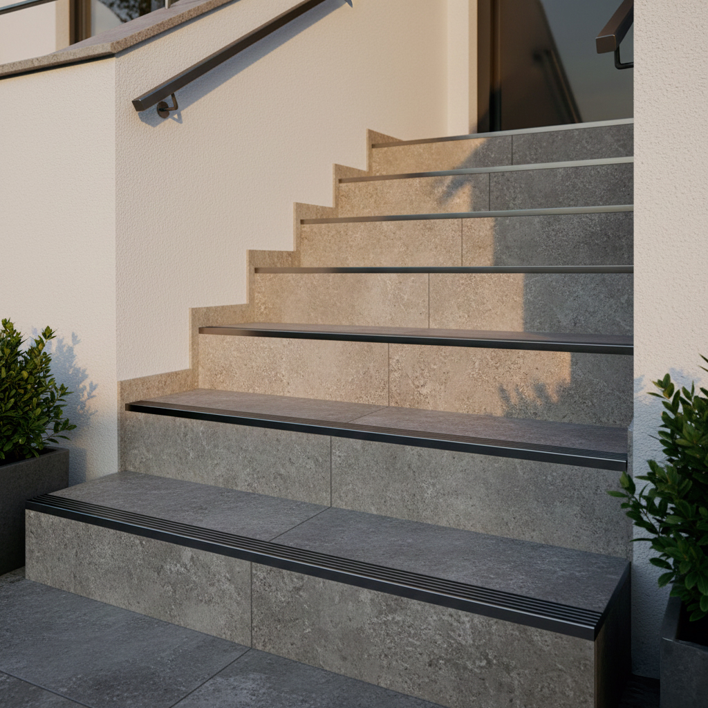 Escalier extérieur avec carrelage antidérapant effet pierre et nez de marche sécurisé