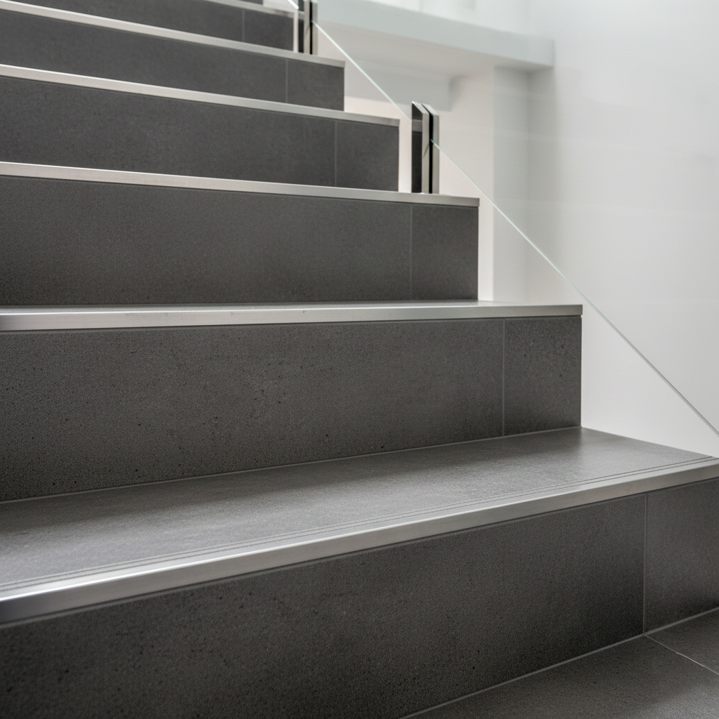 Escalier intérieur contemporain avec carrelage effet béton et nez de marche