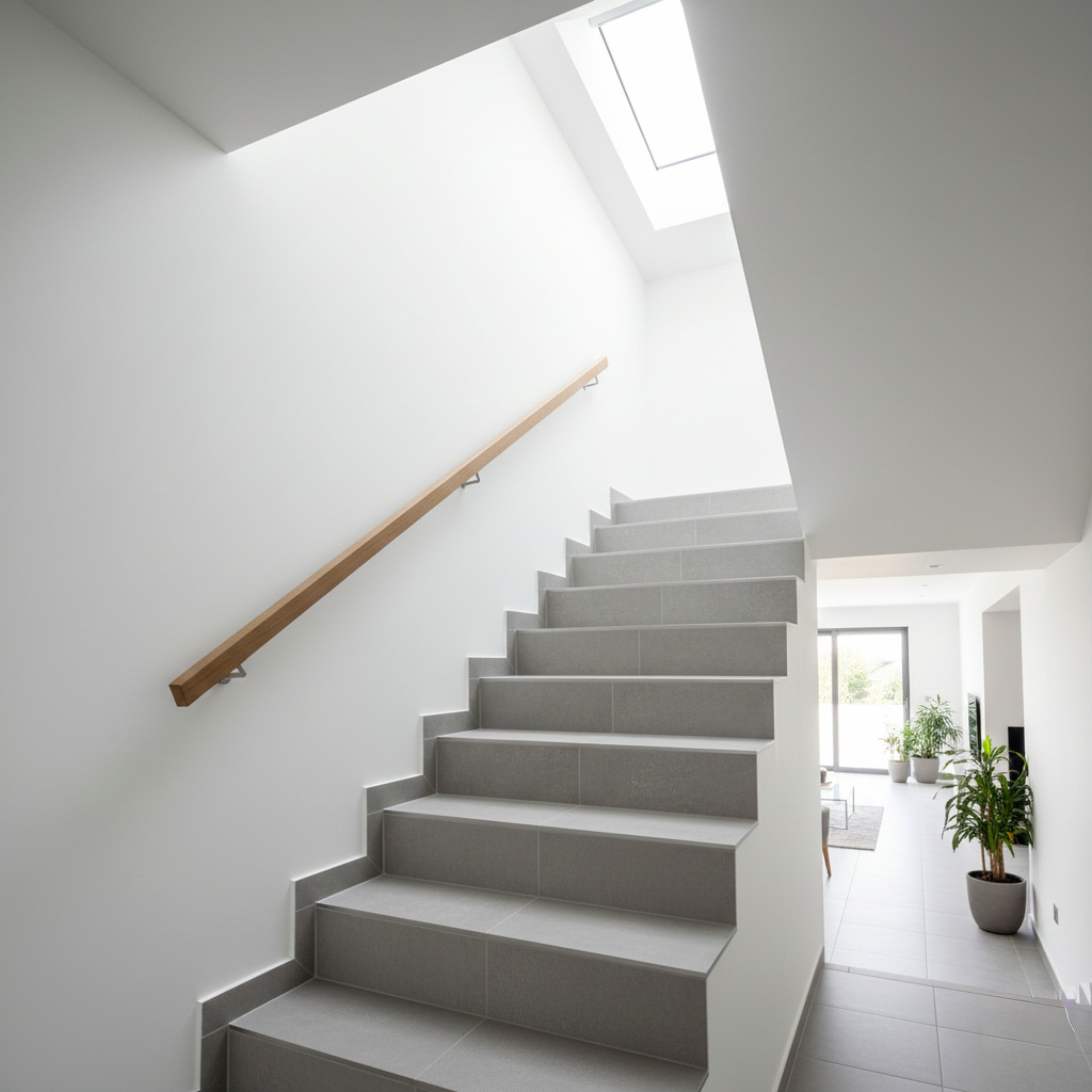 Escalier intérieur moderne avec carrelage antidérapant et nez de marche sécurisé