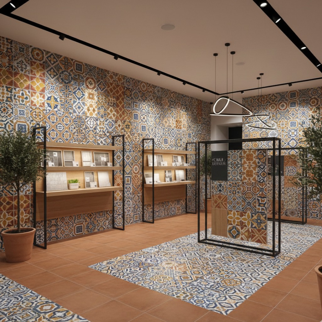 Showroom moderne de carrelage espagnol haut de gamme avec motifs géométriques