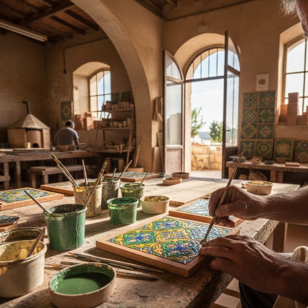 Atelier traditionnel de céramique espagnole avec carreaux émaillés artisanaux