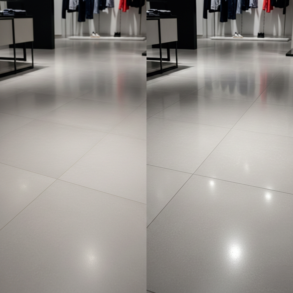 Comparaison finitions mate et brillante de carrelage commercial