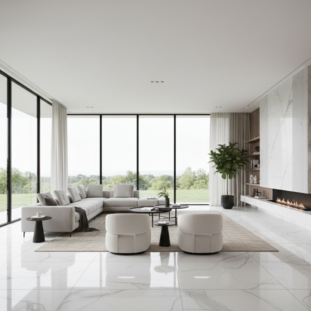 Carrelage grand format 120x120 effet marbre dans un séjour spacieux