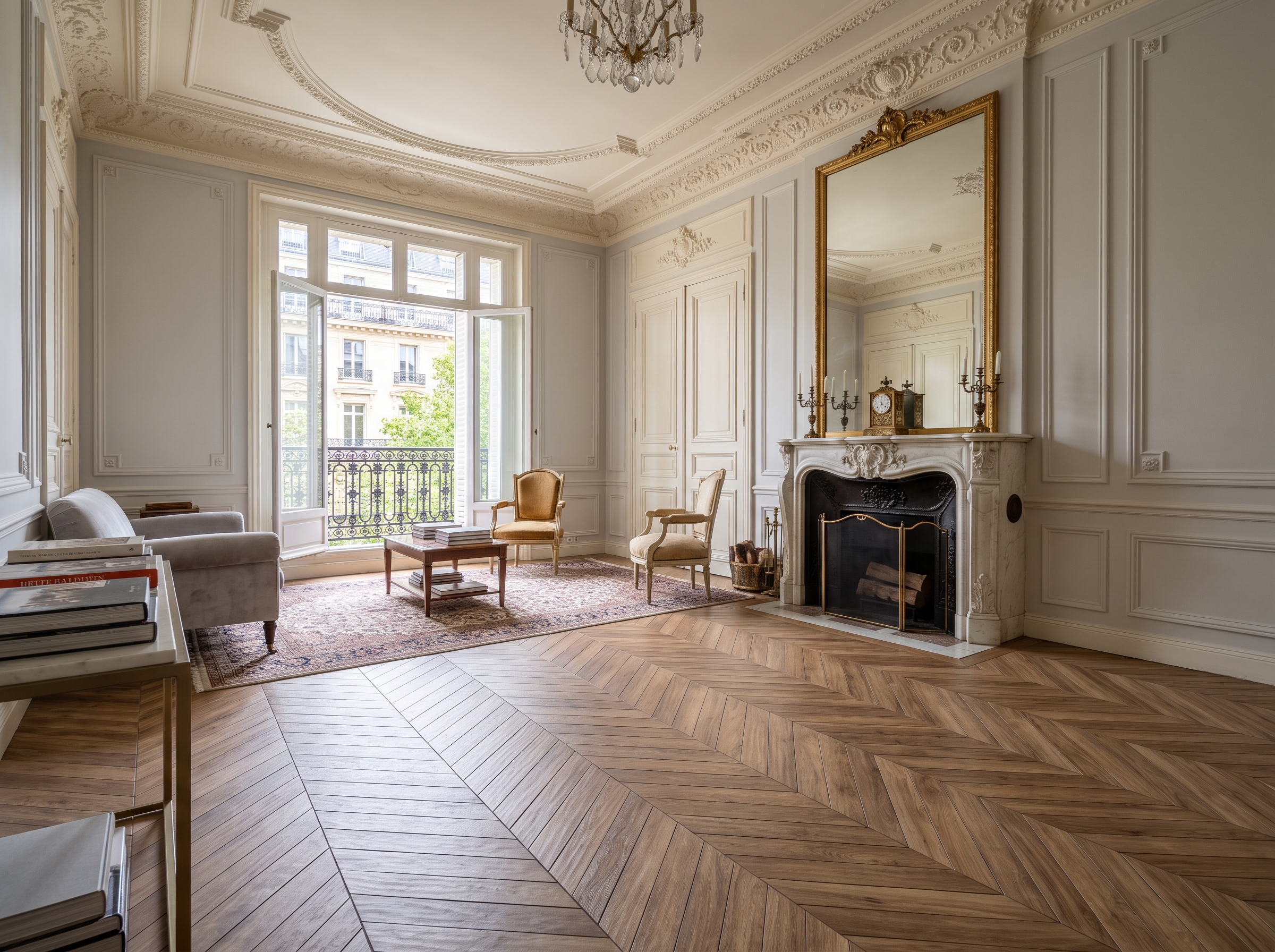 Carrelage pour appartement haussmannien Appartement haussmannien carrelage imitation parquet bâtons rompus moulures cheminée marbre