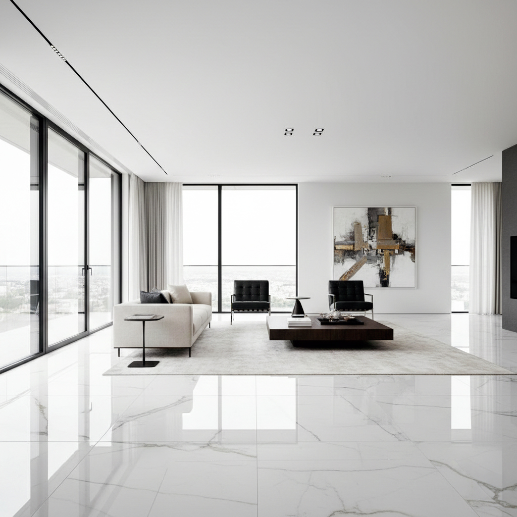 Intérieur luxueux moderne avec carrelage haut gamme grès cérame effet marbre