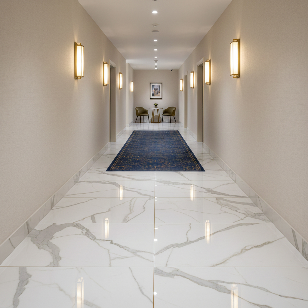 Carrelage hôtel et restaurant Carrelage grand format effet marbre pour hall d'hôtel avec circulation intensive