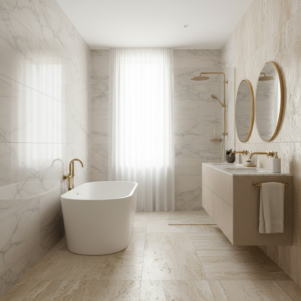 Carrelage imitation pierre marbre travertin tendance 2026 luxe