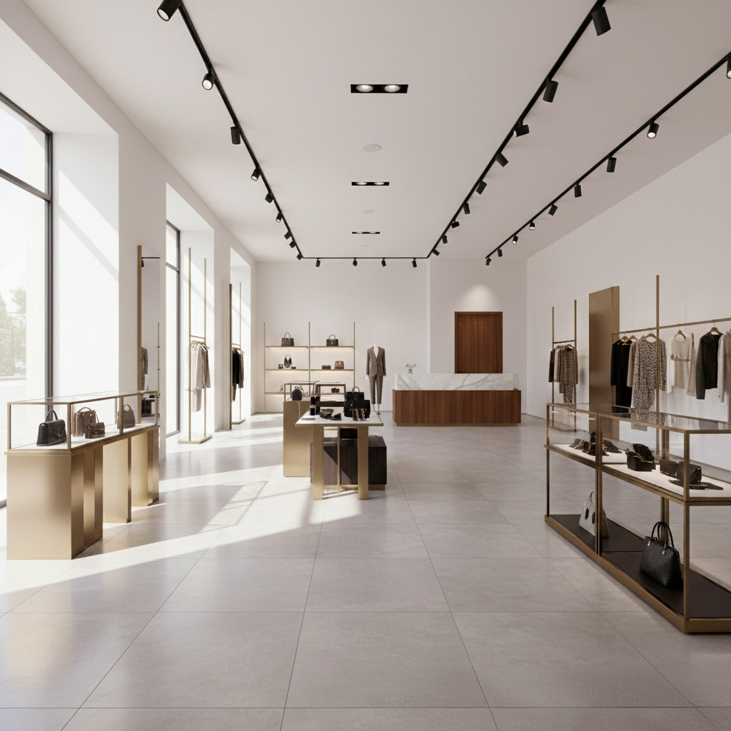 Intérieur moderne de boutique haut de gamme avec carrelage en grès cérame