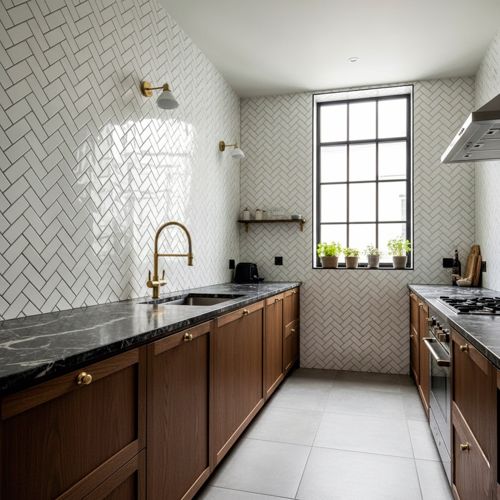 Carrelage métro - Style parisien intemporel Carrelage effet métro blanc brillant dans cuisine moderne parisienne