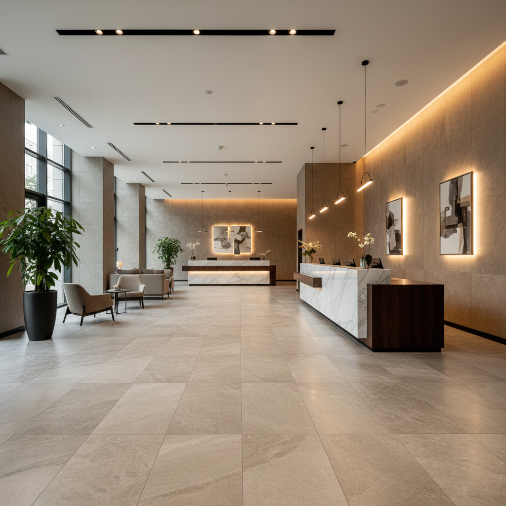 Carrelage milieux professionnels - Guide complet Carrelage grès cérame pleine masse pour hall d'hôtel moderne avec passage intensif