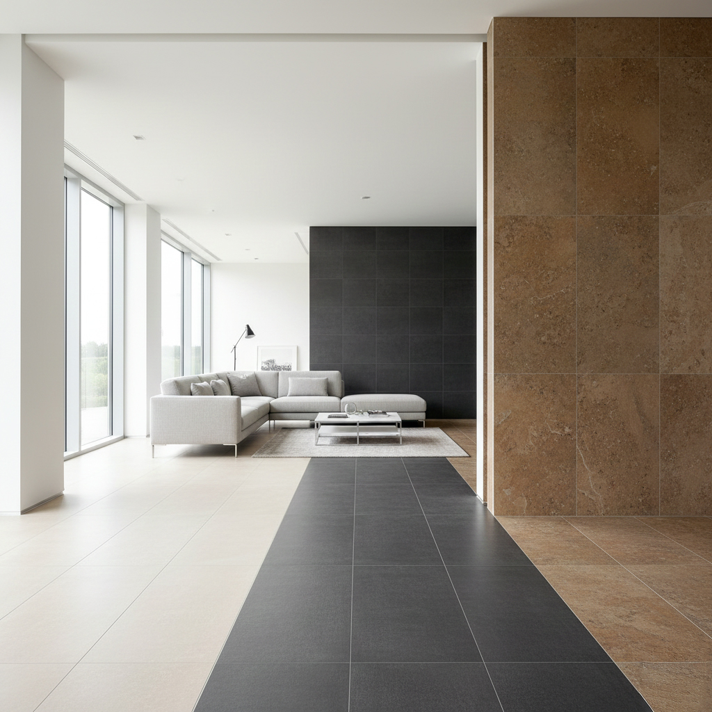 Comparaison de carrelages beige, gris et marron peu salissants dans salon moderne