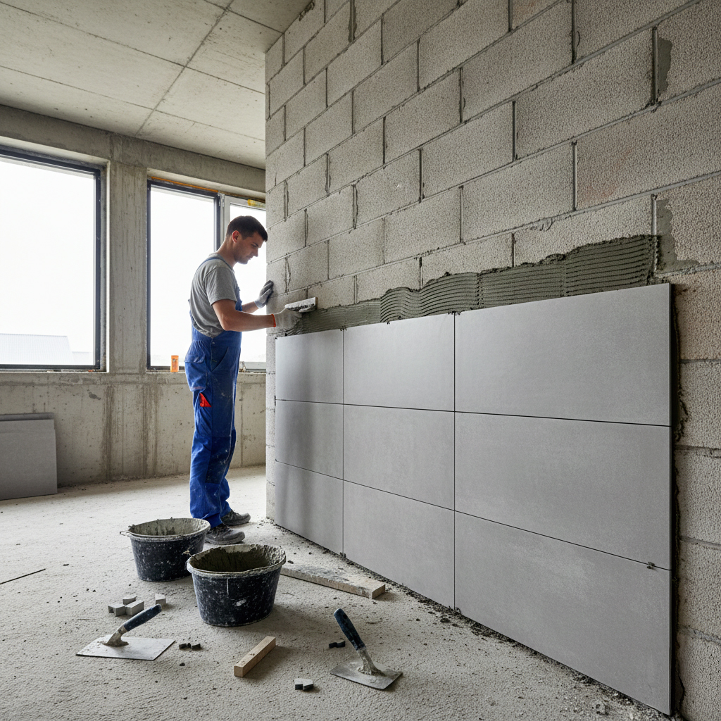 Pose professionnelle carrelage grès cérame sur mur parpaing brut construction