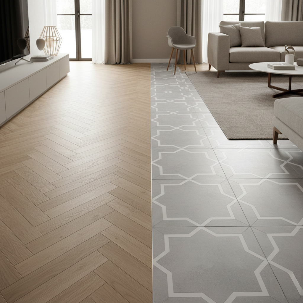 Mixage carrelage effet parquet et carreaux ciment Association carrelage imitation parquet bois et carreaux ciment décoration moderne