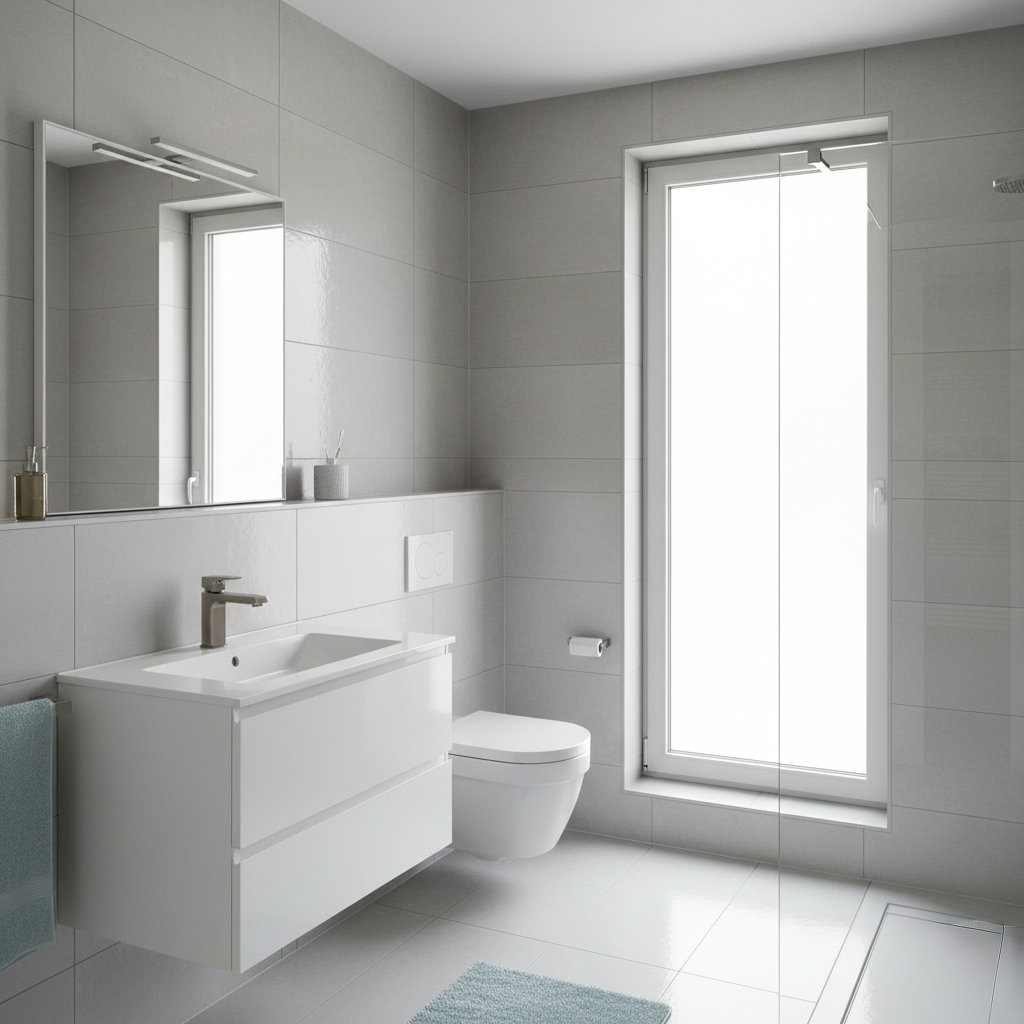 Petite salle de bain moderne avec carrelage grand format optimisant l'espace