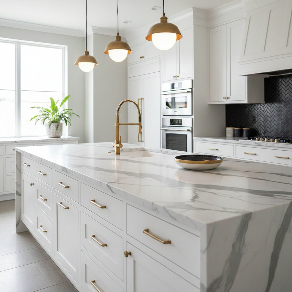 Cuisine moderne avec plan de travail en carrelage grand format effet marbre blanc et veines dorées