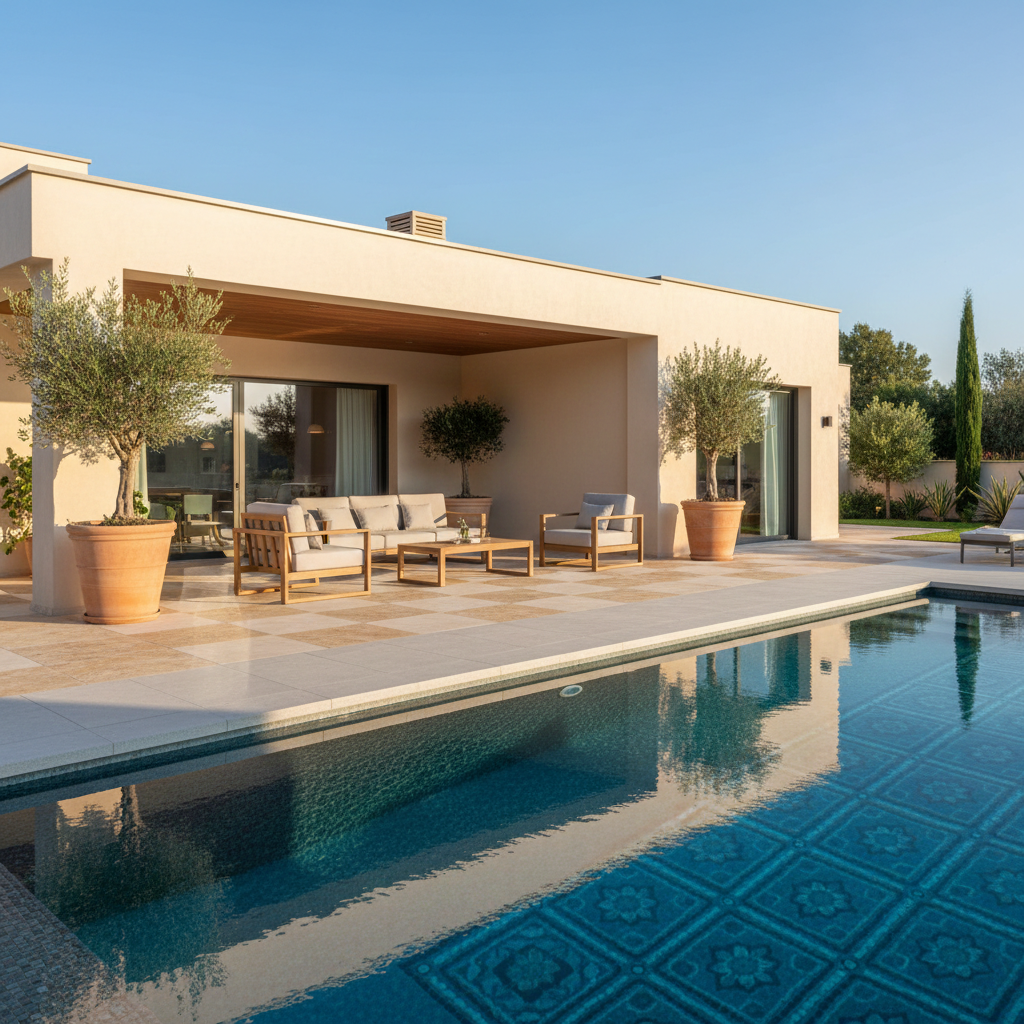 Carrelage pool house extérieur Carrelage pool house moderne effet pierre naturelle terrasse piscine aménagement