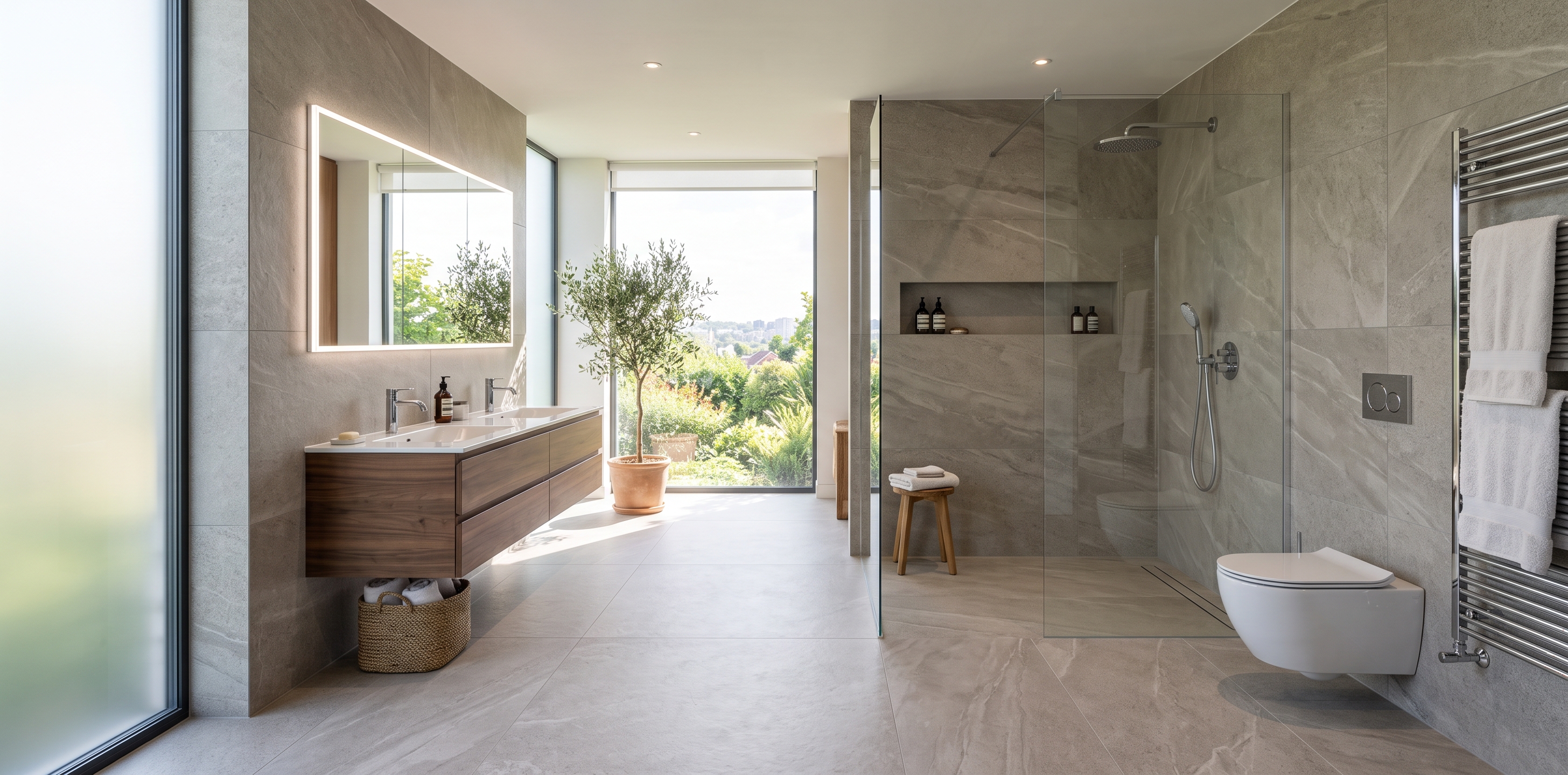Salle de bain moderne carrelage grand format douche italienne faïence murale pose professionnelle