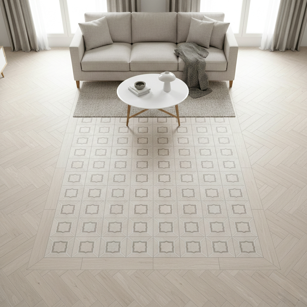 Effet tapis avec carreaux ciment Tapis carreaux ciment entouré carrelage effet parquet salon