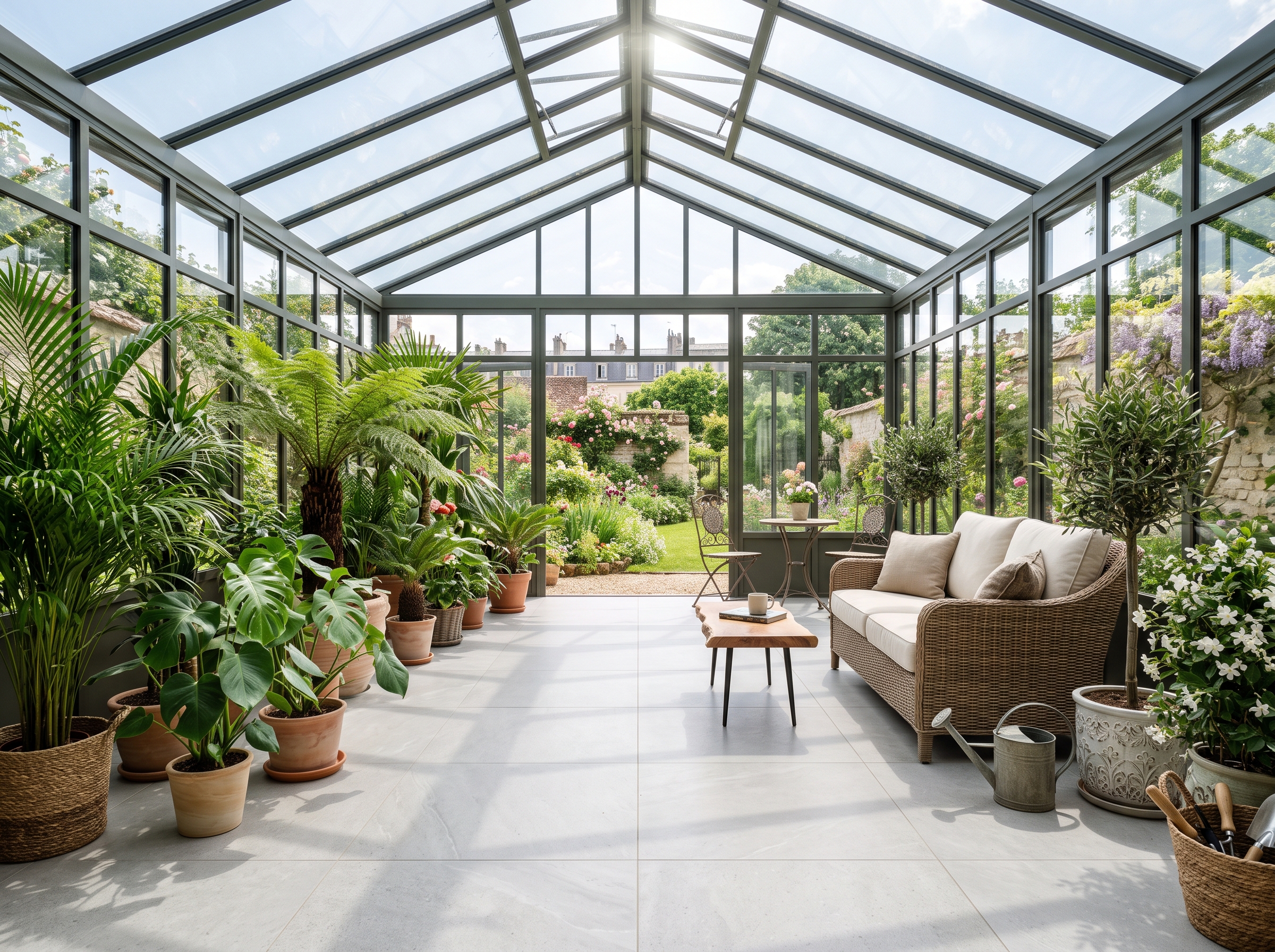 Carrelage adapté pour véranda Véranda lumineuse sol carrelage grand format résistant UV amplitude thermique vue jardin