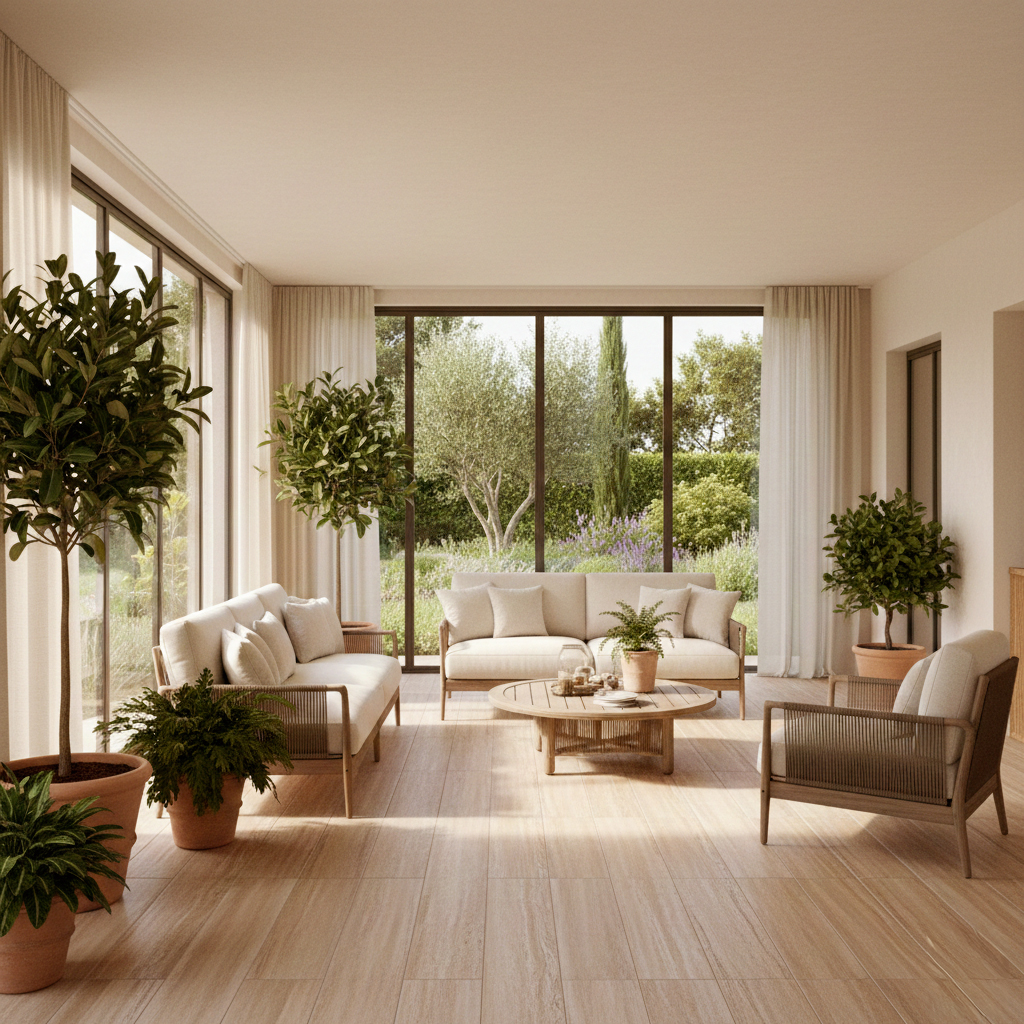 Véranda lumineuse moderne avec carrelage élégant et mobilier contemporain