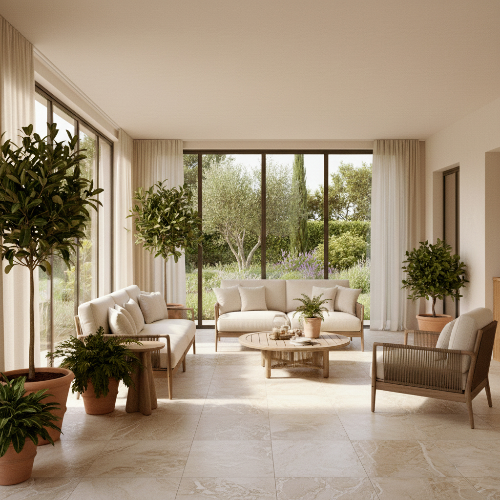 Véranda baignée de lumière avec carrelage moderne et grandes baies vitrées