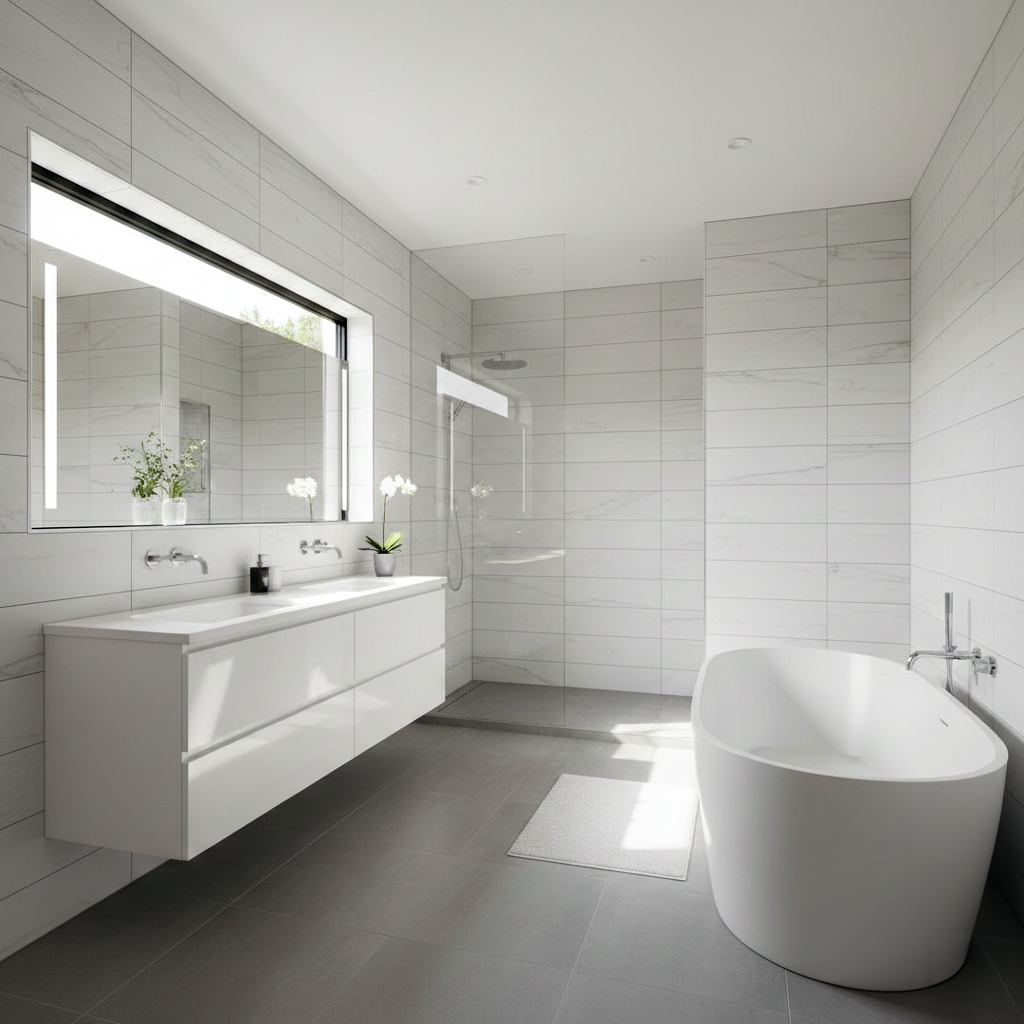 Salle de bains moderne avec carrelage mural élégant posé sur ancien revêtement