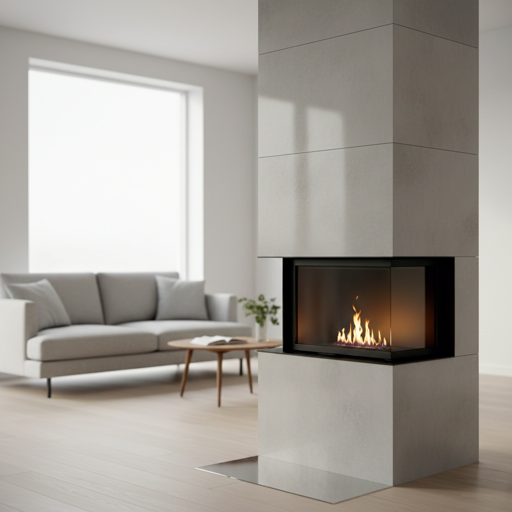 Cheminée contemporaine avec carrelage effet béton ciré