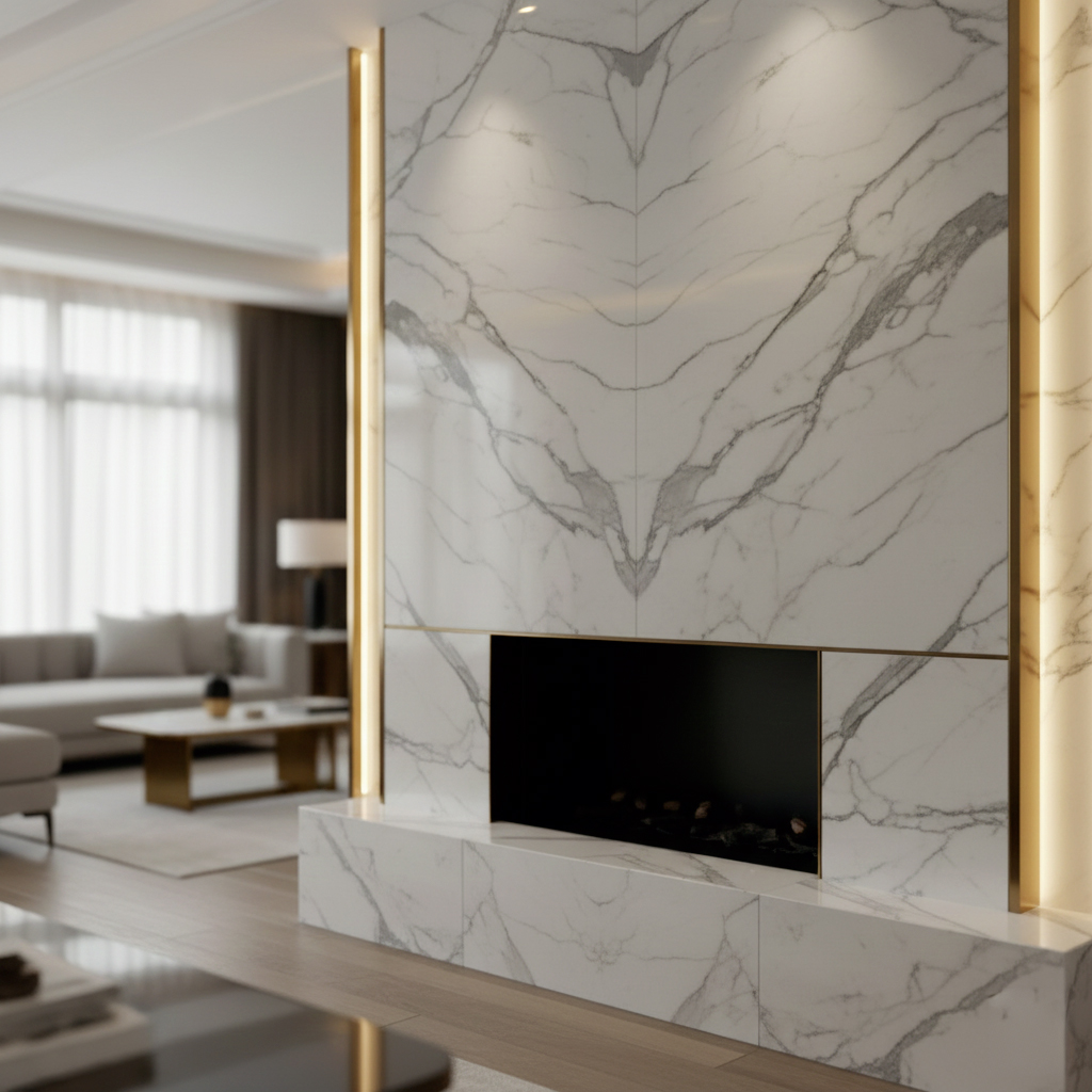 Cheminée luxueuse avec carrelage imitation marbre à veines dorées