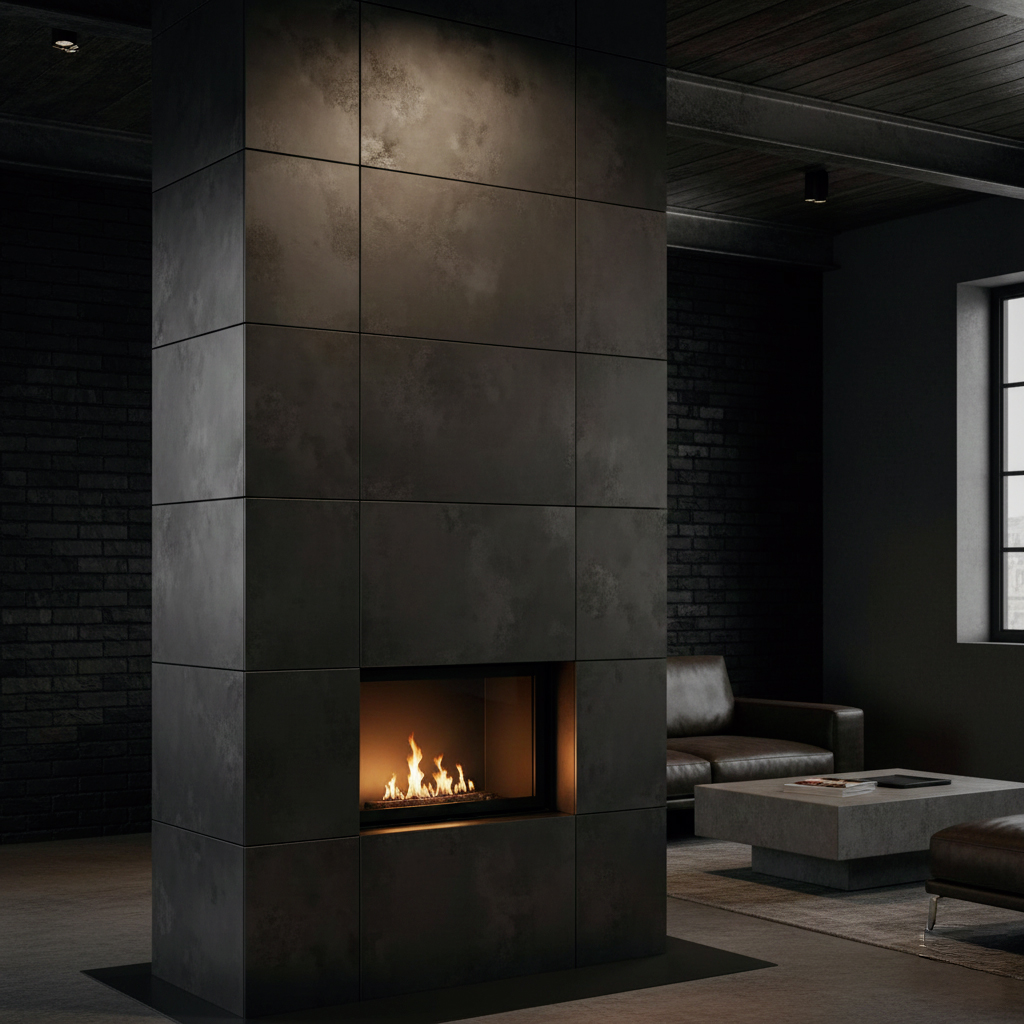 Cheminée moderne habillée de carrelage effet métal industriel