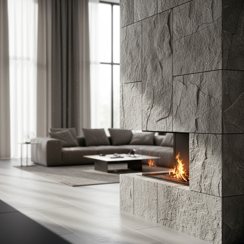 Cheminée habillée de carrelage effet pierre de parement dans un salon moderne