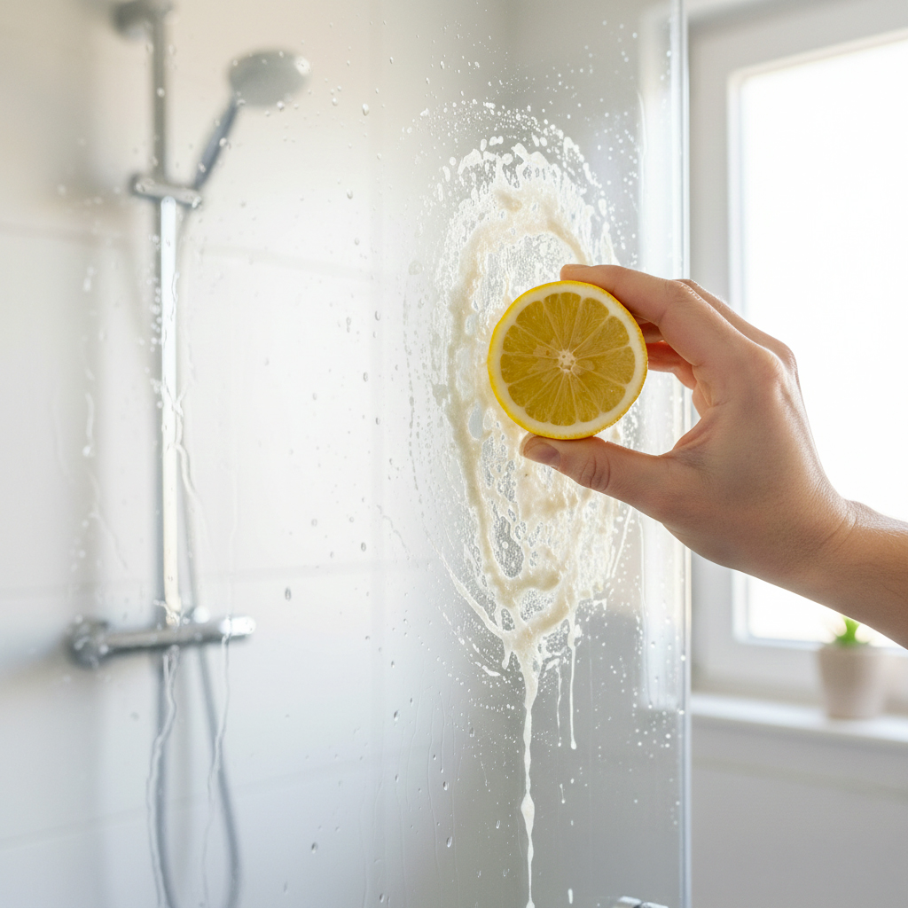 Citron frais coupé utilisé comme anticalcaire naturel pour nettoyer le verre