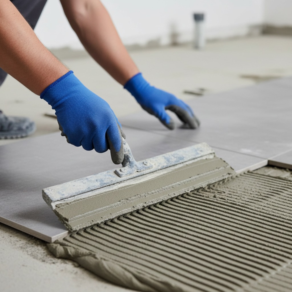 Professionnel appliquant de la colle sur carrelage avec spatule crantée