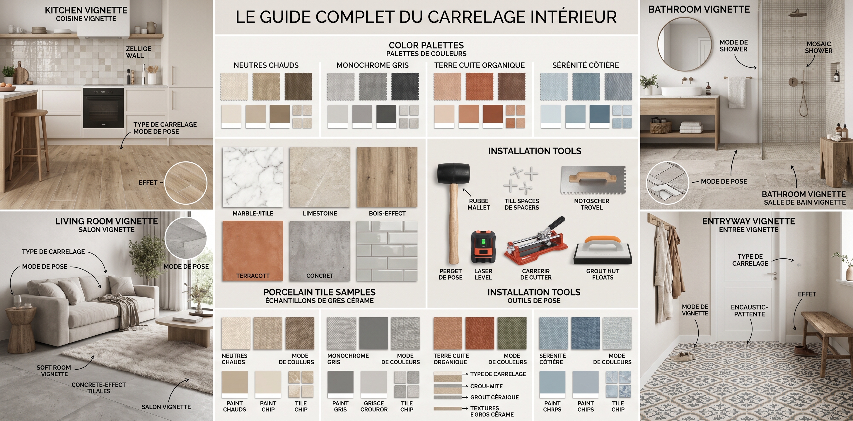 Conseils carrelage intérieur : le guide complet Guide complet conseils carrelage intérieur choix couleurs pose technique pièces de la maison