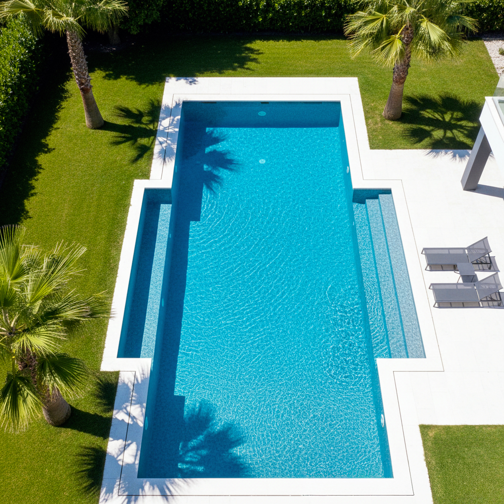 Piscine moderne luxueuse avec carrelage bleu dans jardin paysagé