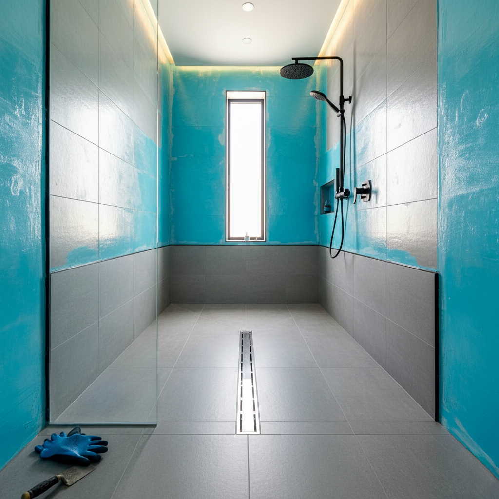 Douche moderne avec carrelage étanche et système d'évacuation professionnel