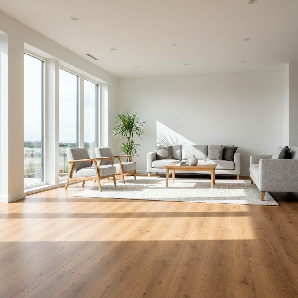 Salon moderne avec lames vinyle PVC effet bois naturel pose flottante durable