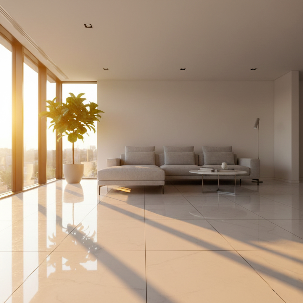 Pièce lumineuse avec carrelage blanc réfléchissant optimisant la luminosité naturelle