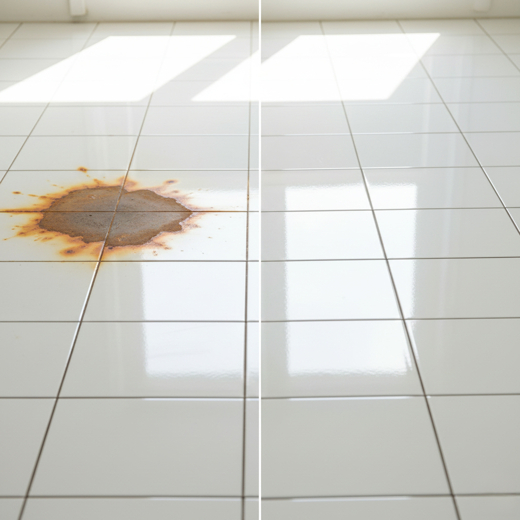 Avant-après nettoyage de taches de rouille sur carrelage blanc immaculé