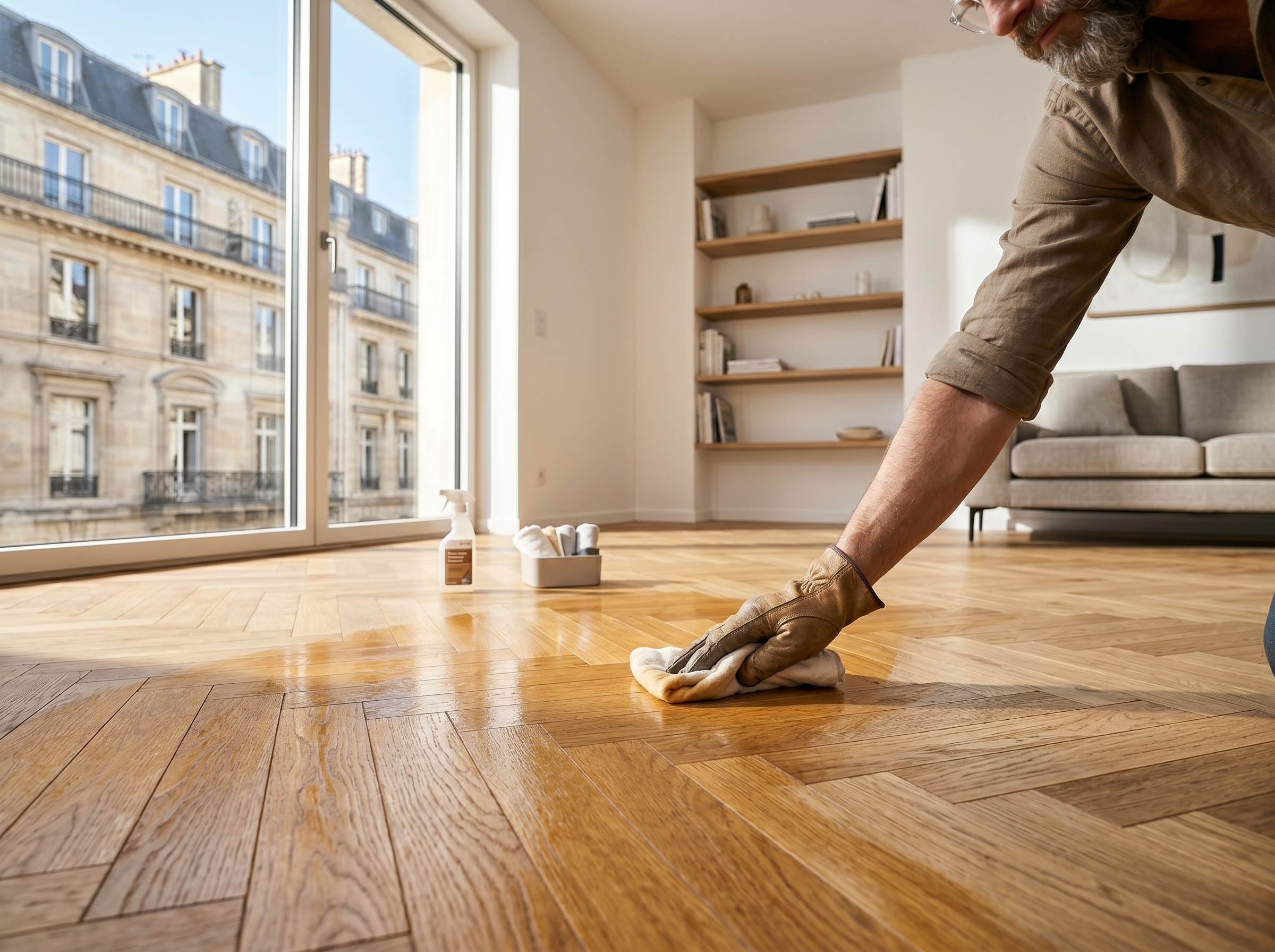 Entretien parquet contrecollé huile régénérante cire application protection finition bois