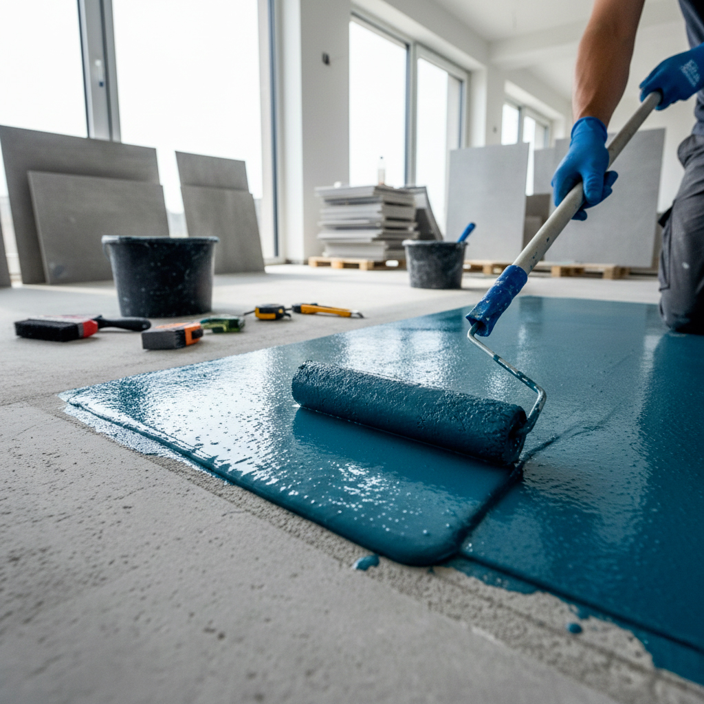 Application professionnelle d'une membrane d'étanchéité sous carrelage avec outils spécialisés