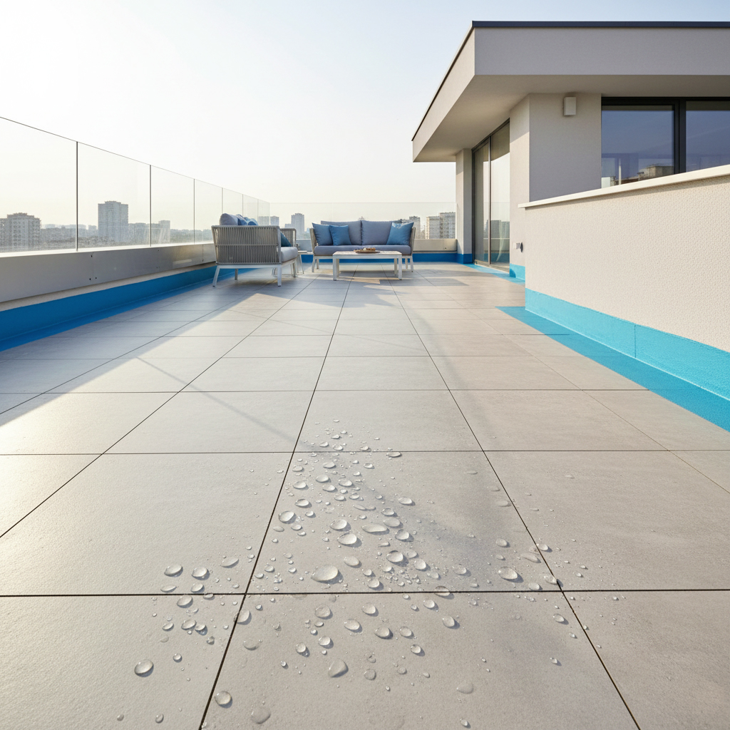 Terrasse carrelée moderne avec système d'étanchéité professionnel et protection contre l'eau